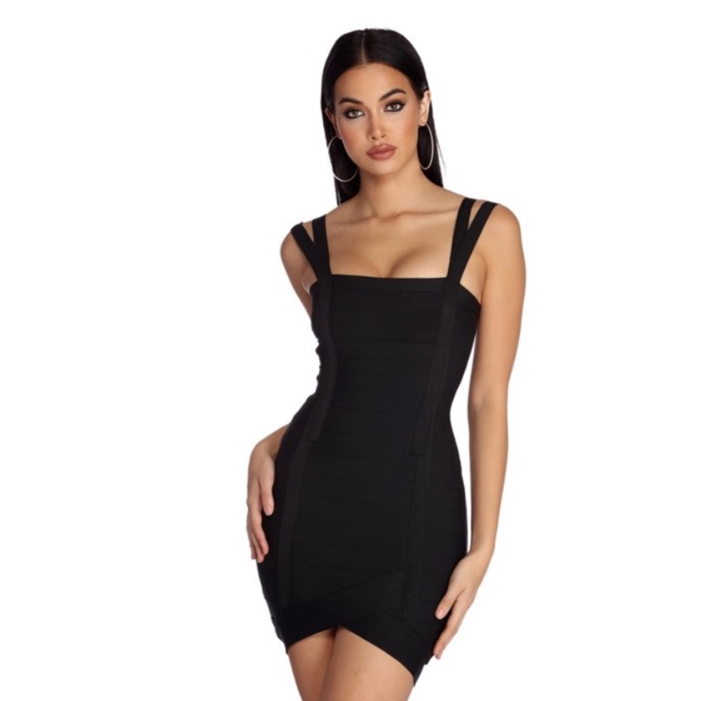 Black form fitting two strap bandage dress